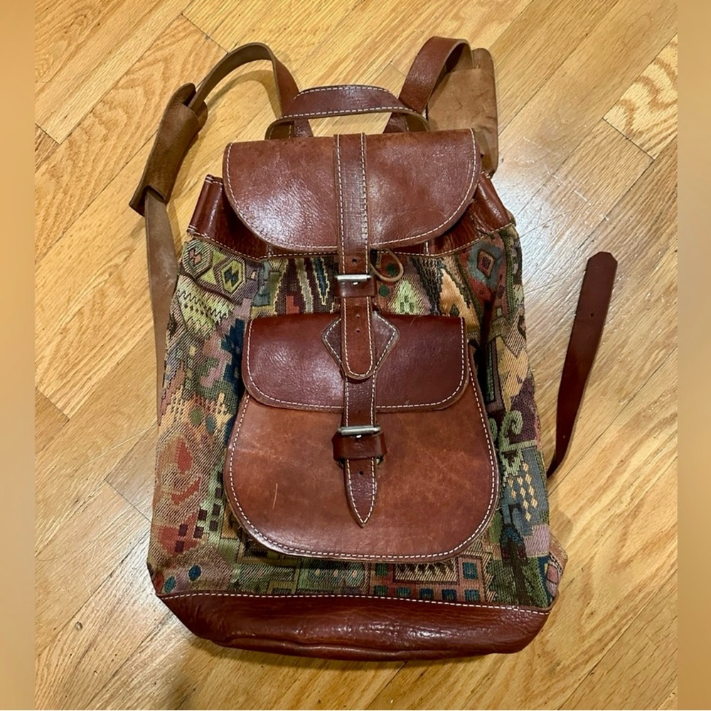 Vintage Leather and Patterned Fabric Backpack